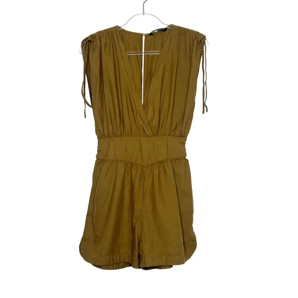 ZARA Linen Blend Romper V-Neck Sleeveless Ruched Shoulder Khaki Womens Size M